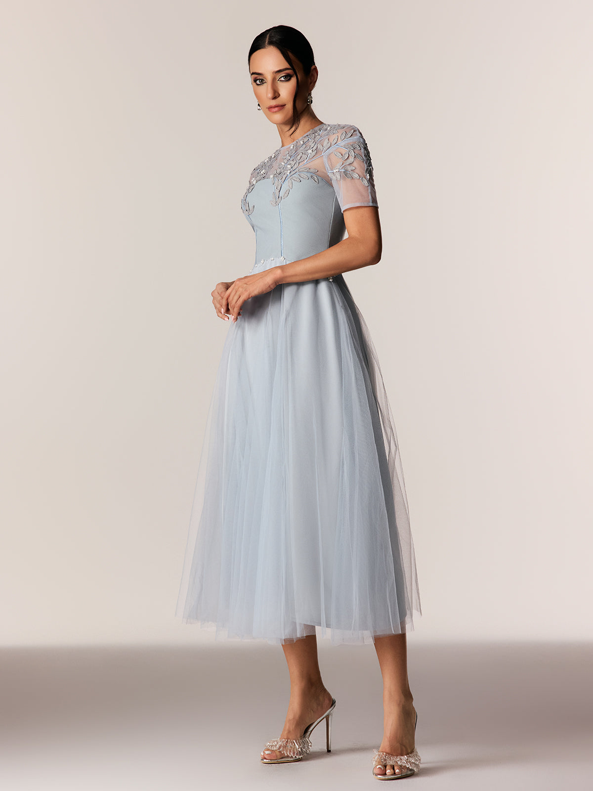 Edik Embroidered Pearl Mesh Midi Dress