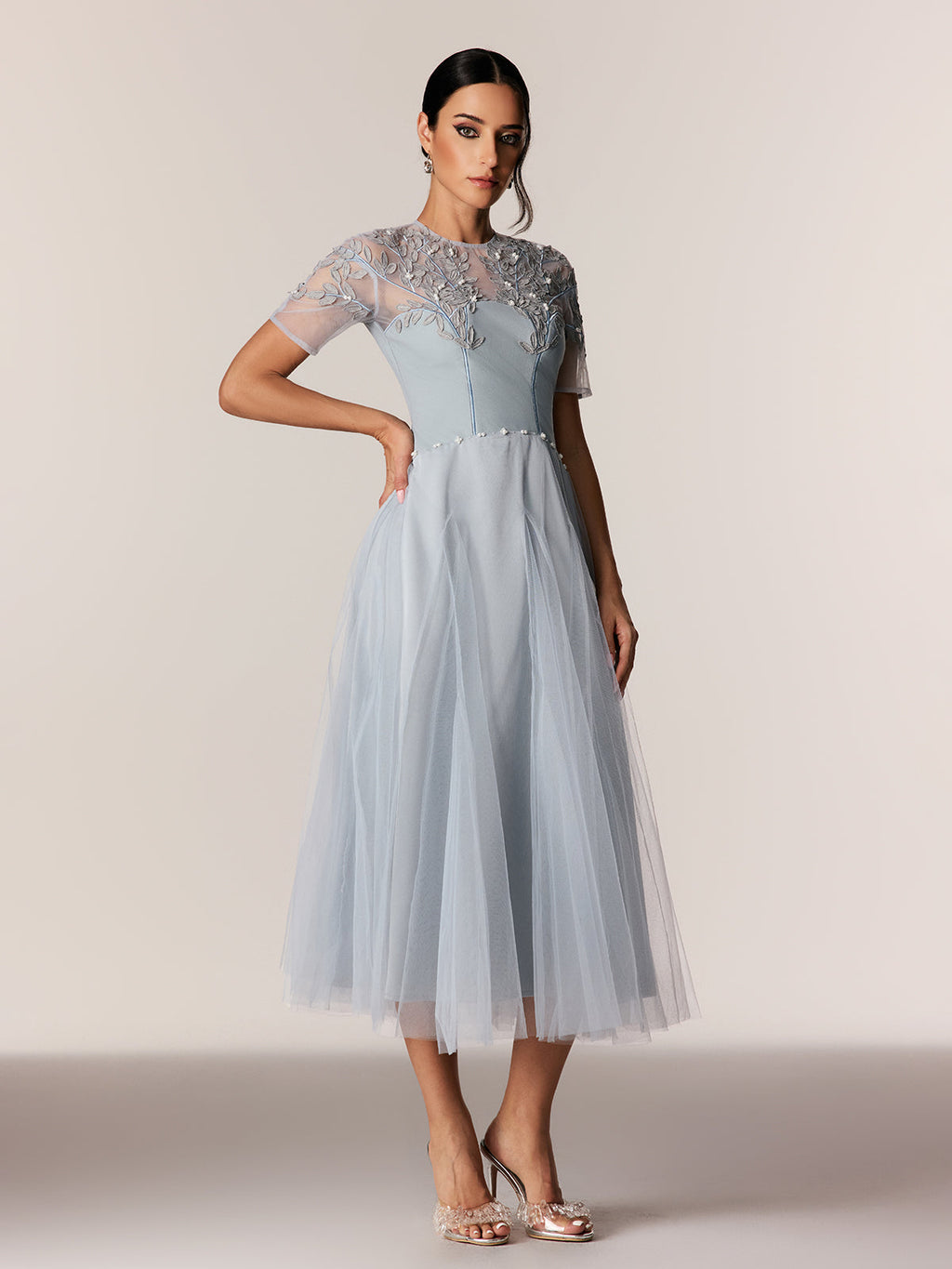 Edik Embroidered Pearl Mesh Midi Dress