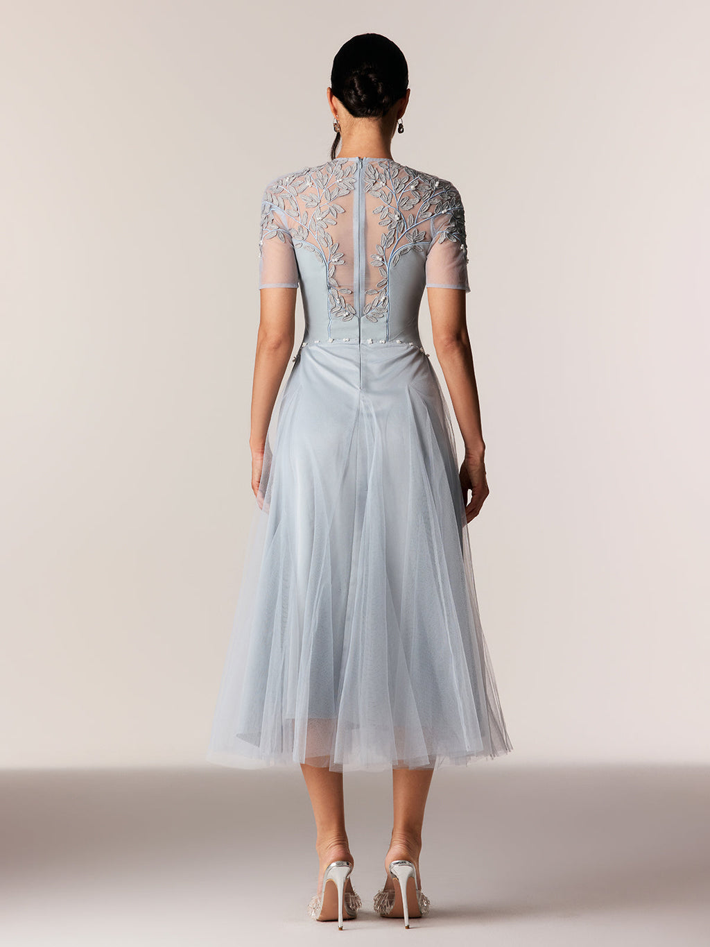 Edik Embroidered Pearl Mesh Midi Dress