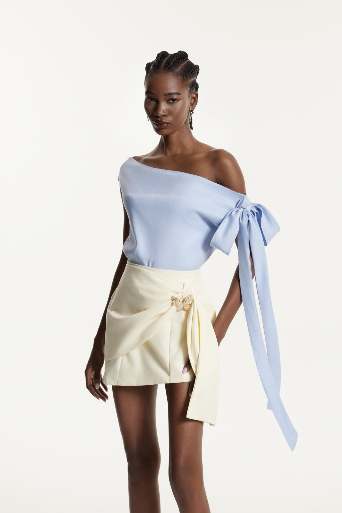 Ediz Asymmetric Ruch Skirt Set In Blue