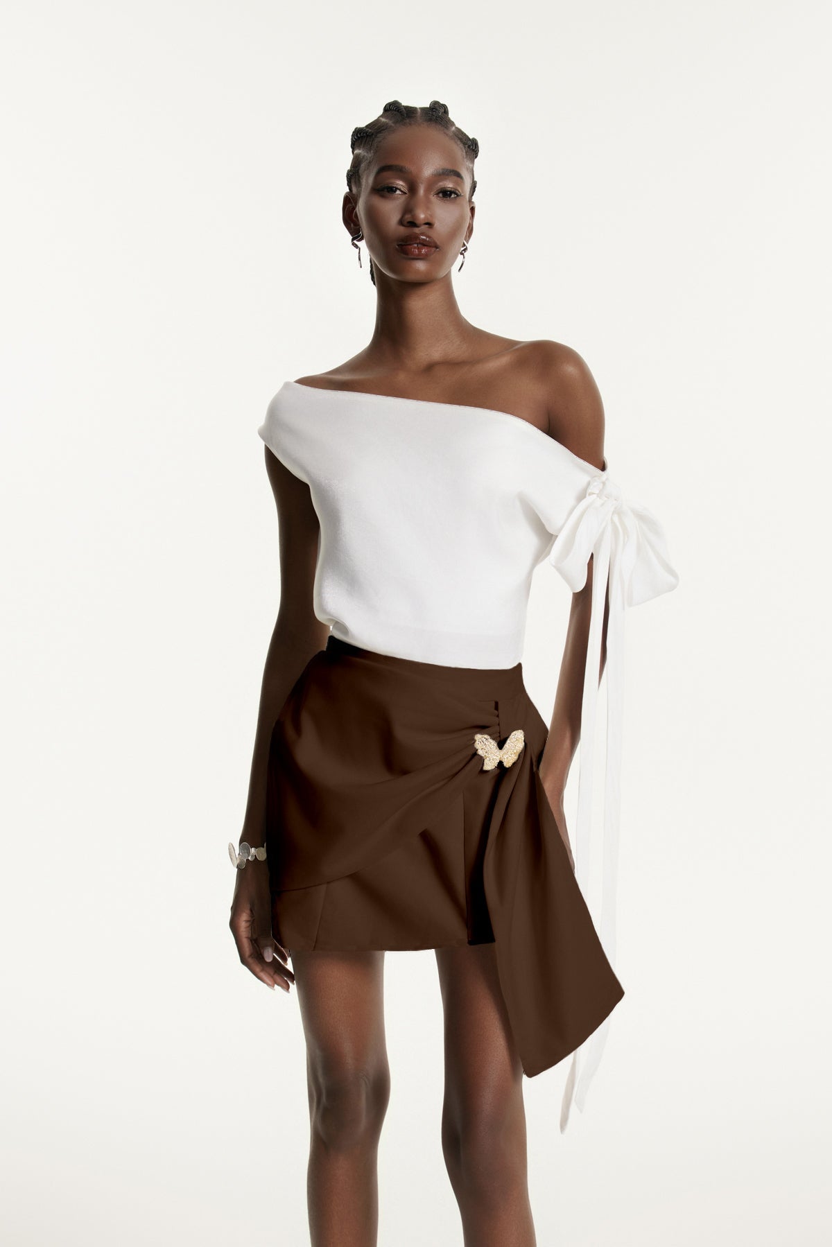 Ediz Asymmetric Ruch Skirt Set In Brown