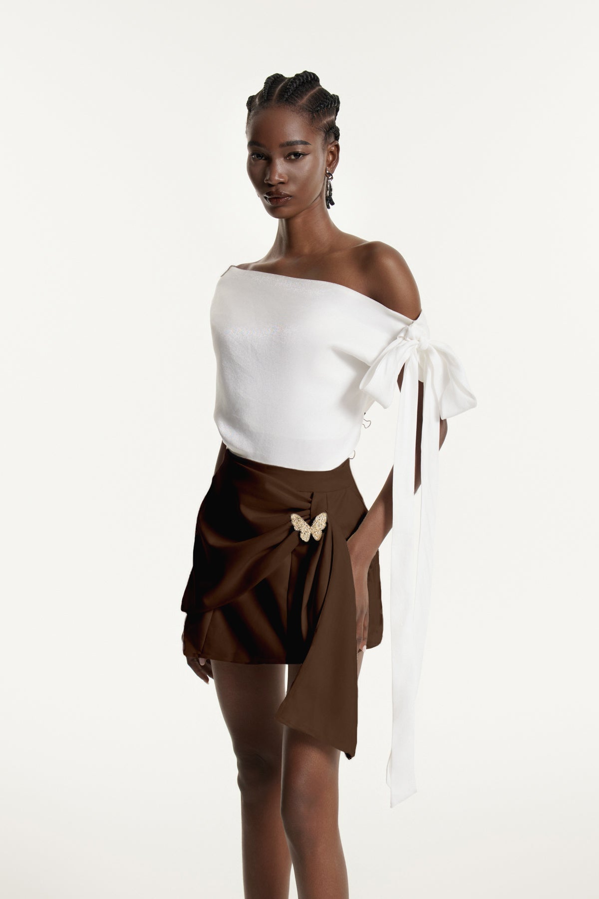 Ediz Asymmetric Ruch Skirt Set In Brown