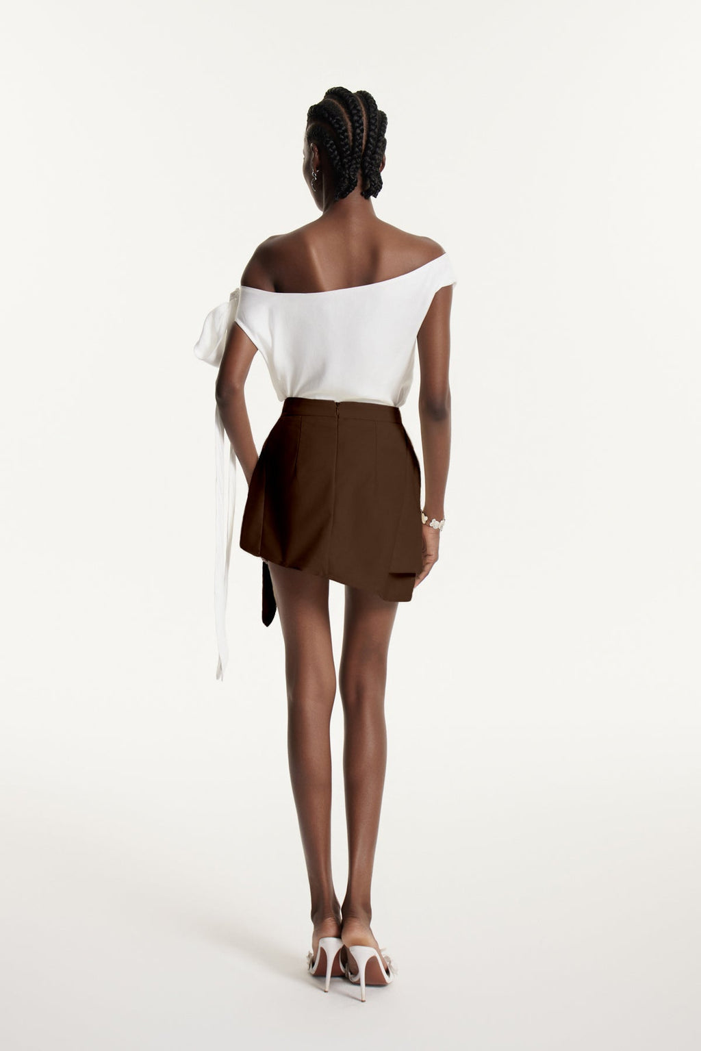 Ediz Asymmetric Ruch Skirt Set In Brown