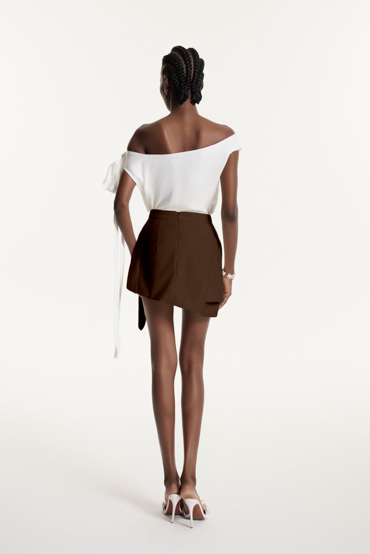 Ediz Asymmetric Ruch Skirt Set In Brown