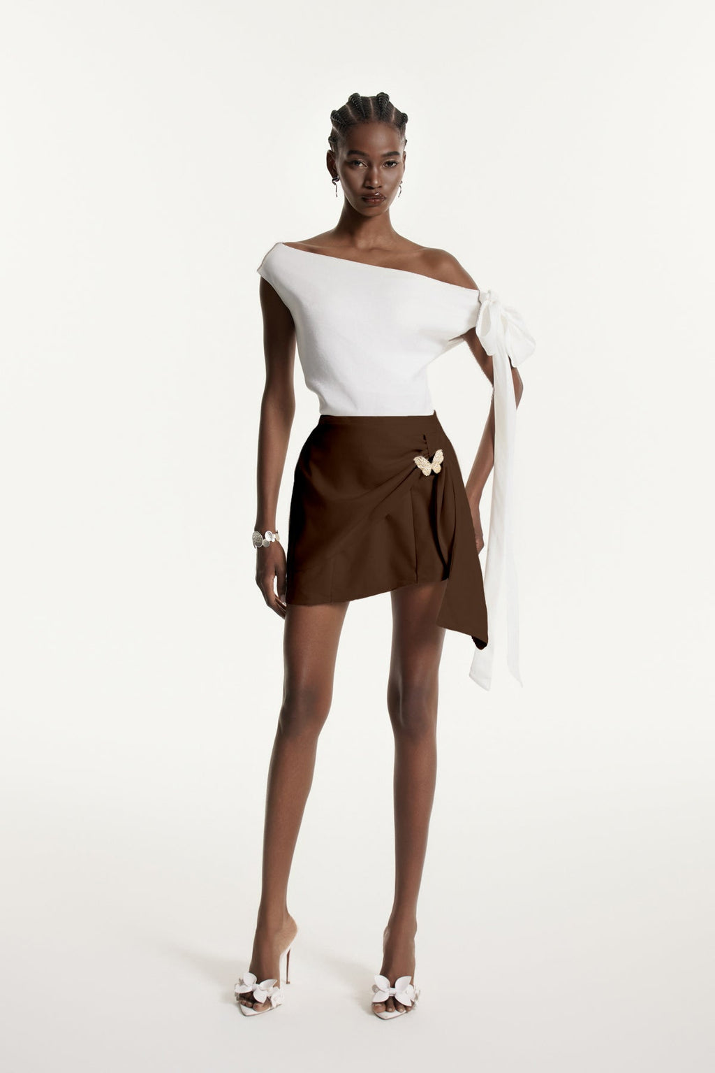 Ediz Asymmetric Ruch Skirt Set In Brown