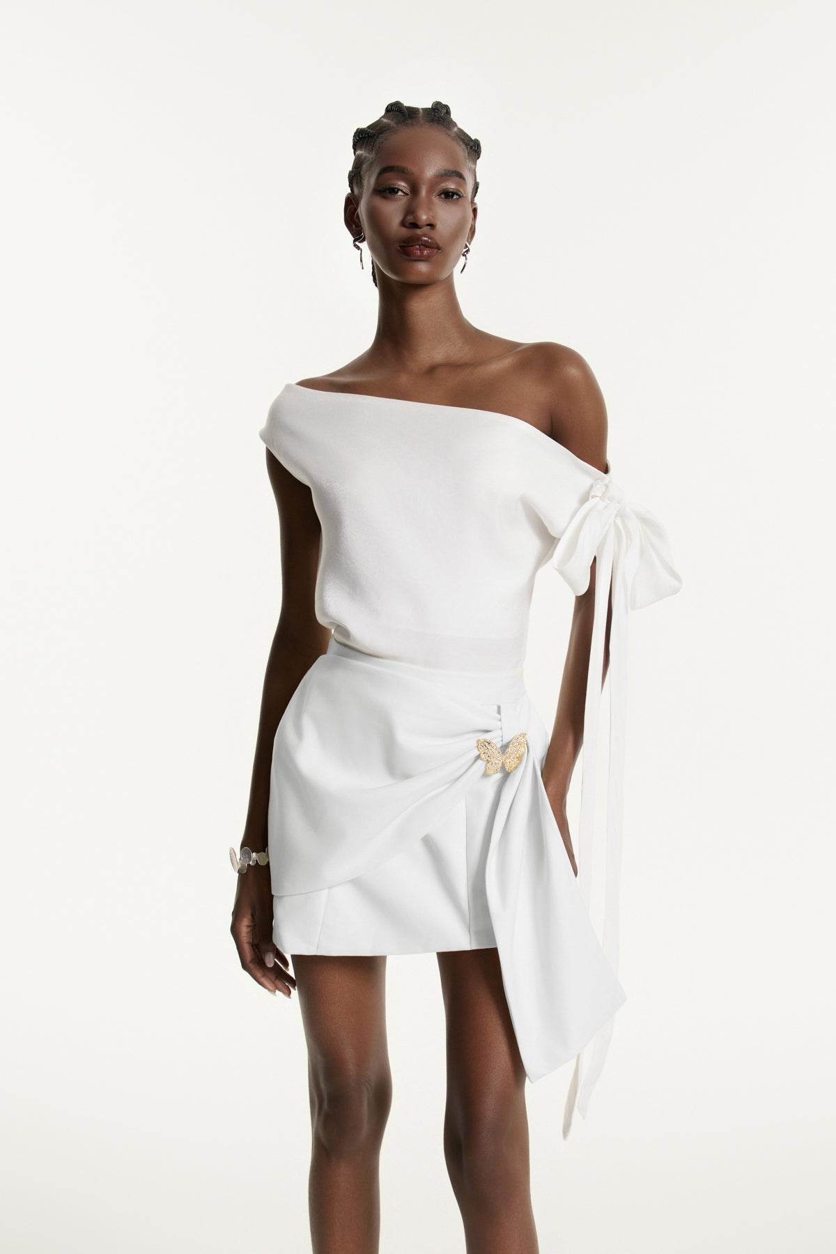 Ediz Asymmetric Ruch Skirt Set In White