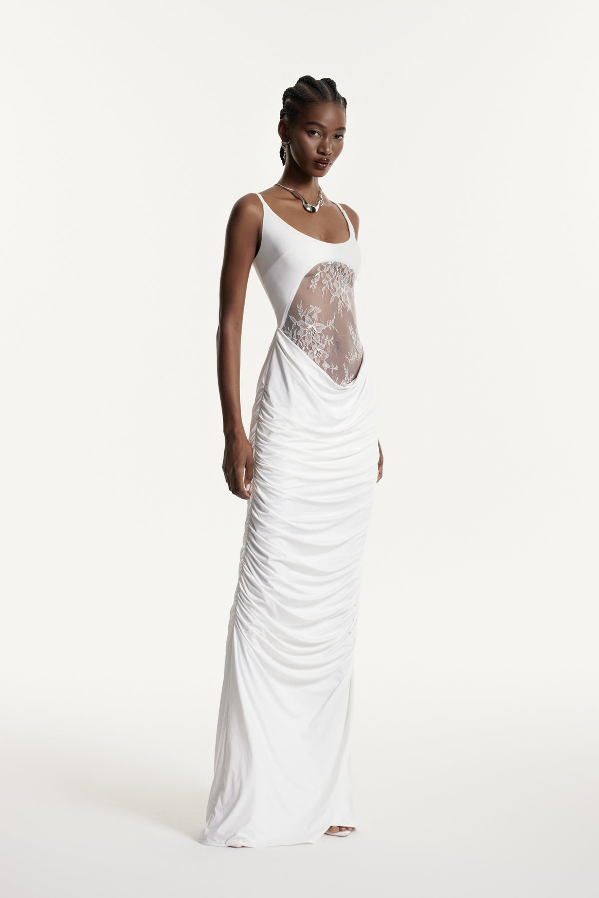 Edlira Spaghetti Ruch Lace Maxi Dress