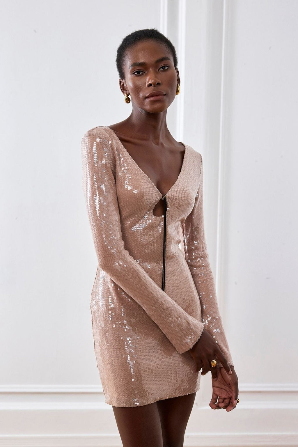 Aoibhe Long Sleeve Sequin Mini Dress In Apricot