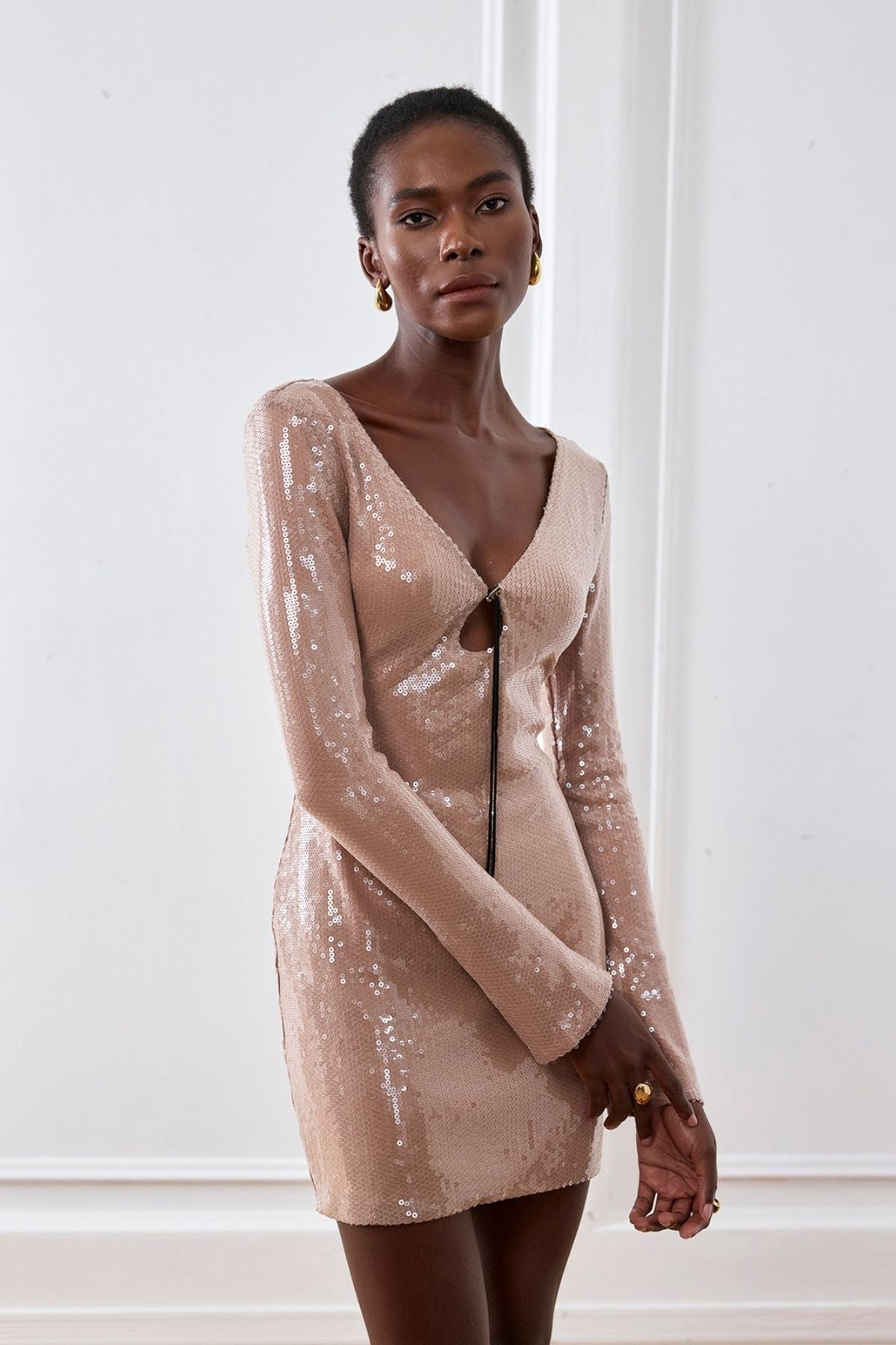 Aoibhe Long Sleeve Sequin Mini Dress In Apricot