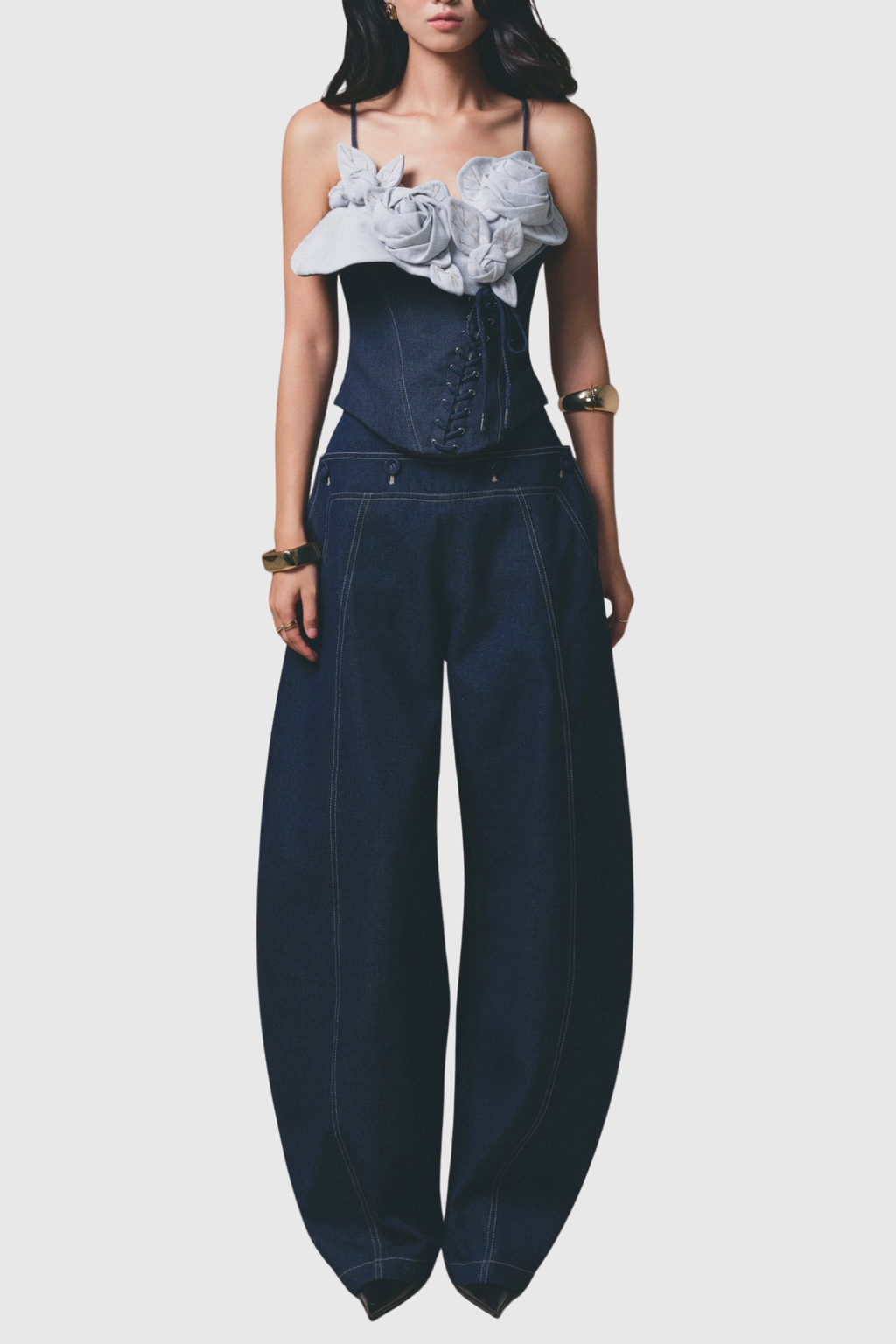 Diodoros Flower Lace Up Denim Pants Set