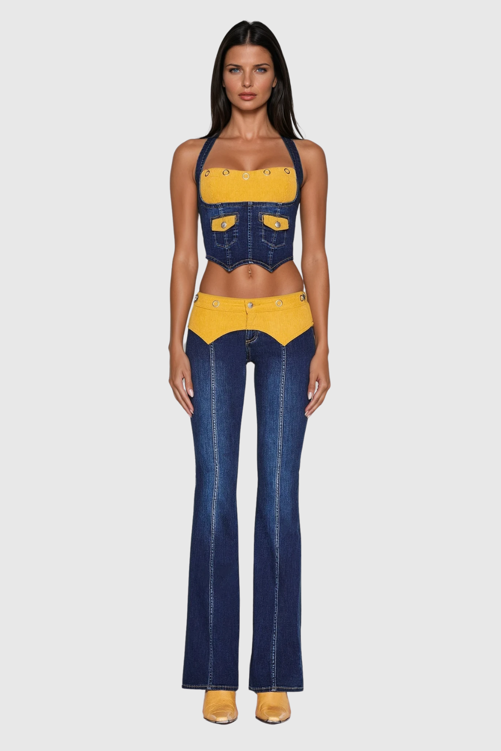 Zaki Halter Neck Deconstruct Denim Pants Set