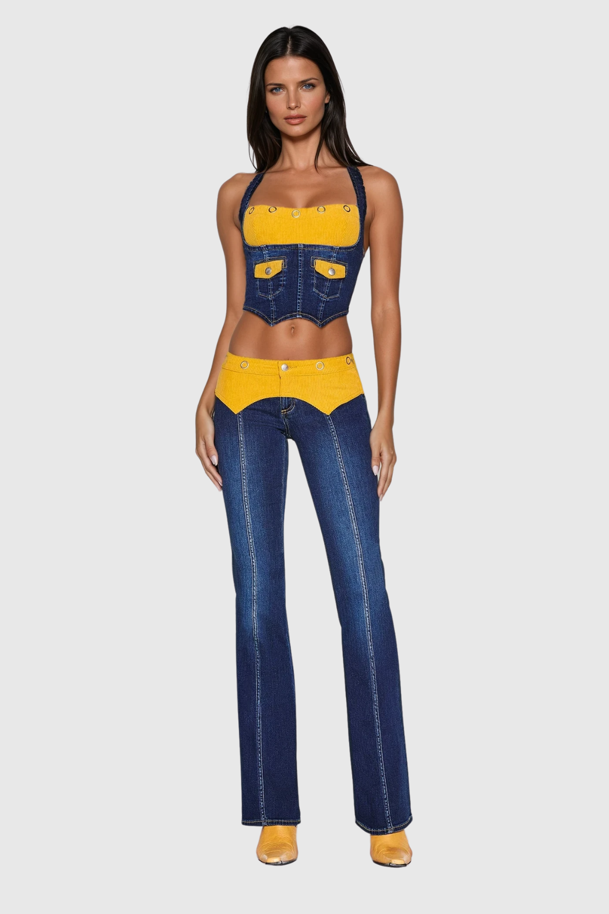 Zaki Halter Neck Deconstruct Denim Pants Set