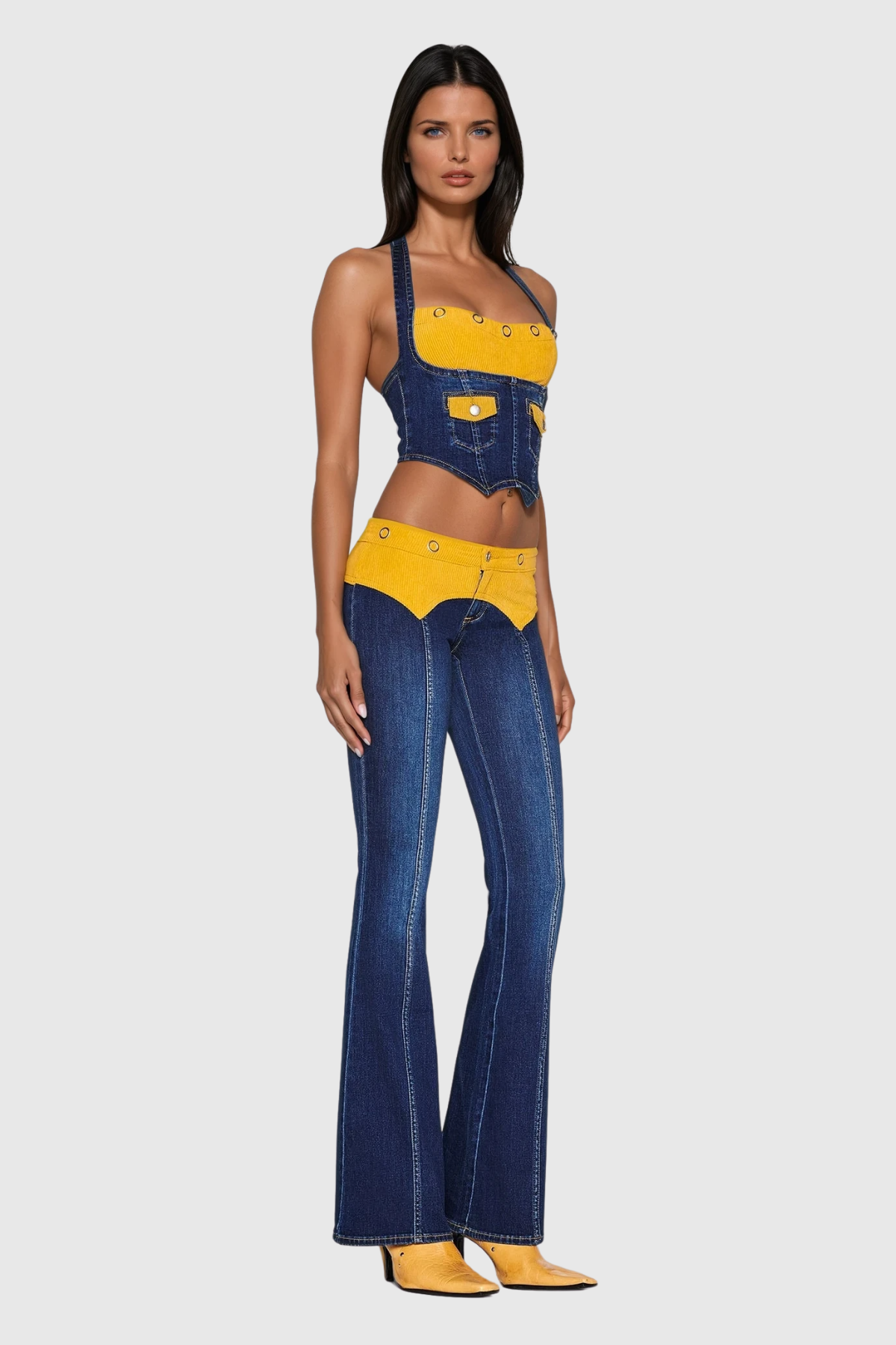 Zaki Halter Neck Deconstruct Denim Pants Set