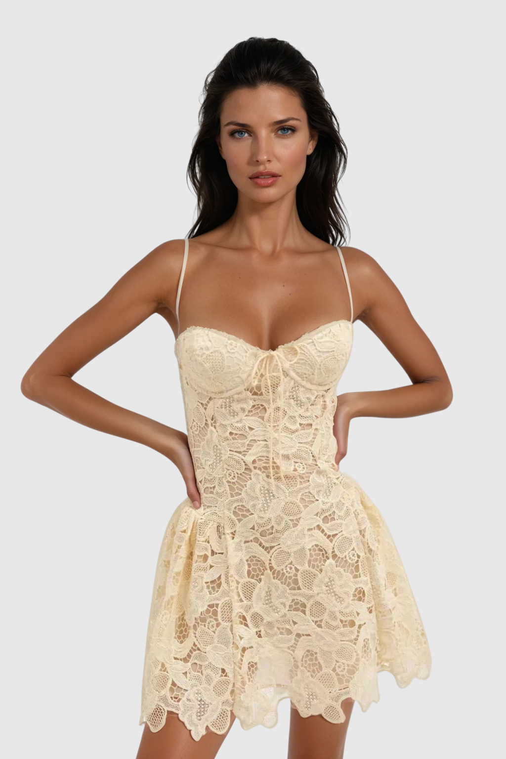 Zamira Spaghetti Lace Mini Dress In Natural