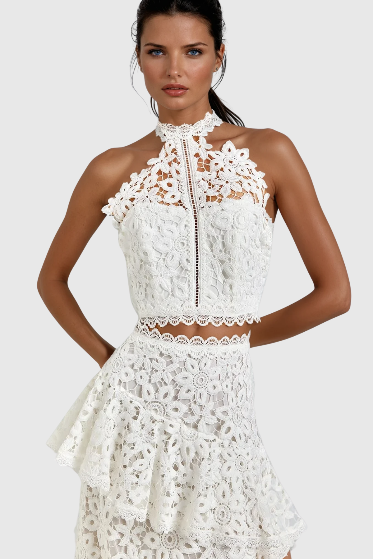 Zan Halter Neck Asymmetric Lace Maxi Skirt Set